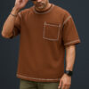 Contrast Stitch Oversized Drop Shoulder T-shirt - Brown