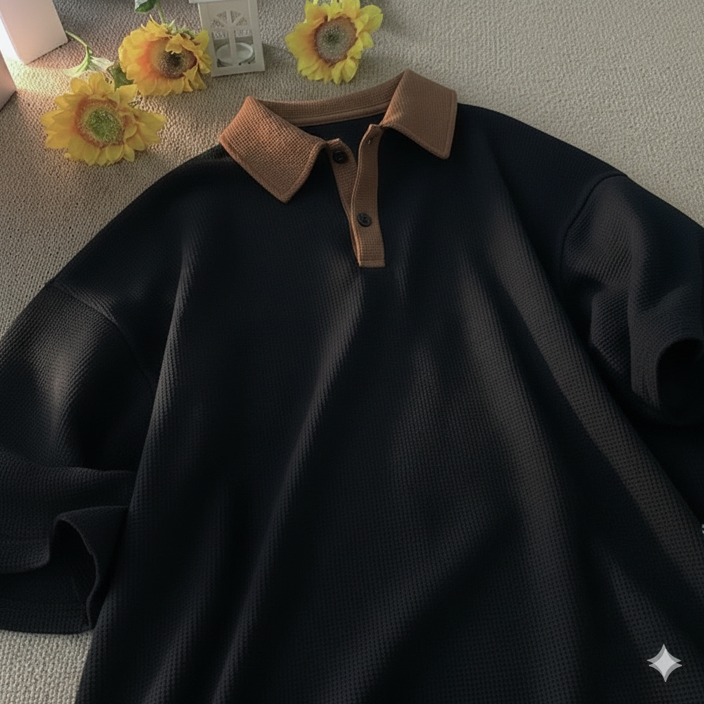 BOXY WAFFLE POLO BLACK - Image 2