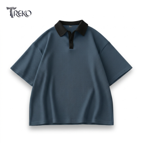 OVERSIZED WAFFLE POLO SLATE BLUE