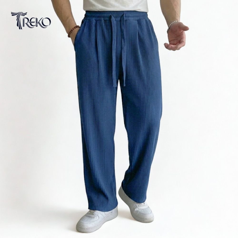 BAGGY CORD RIB KNIT KOREAN TROUSERS NAVY BLUE