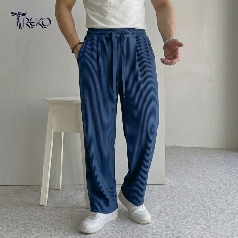BAGGY CORD RIB KNIT KOREAN TROUSERS NAVY BLUE - Image 2