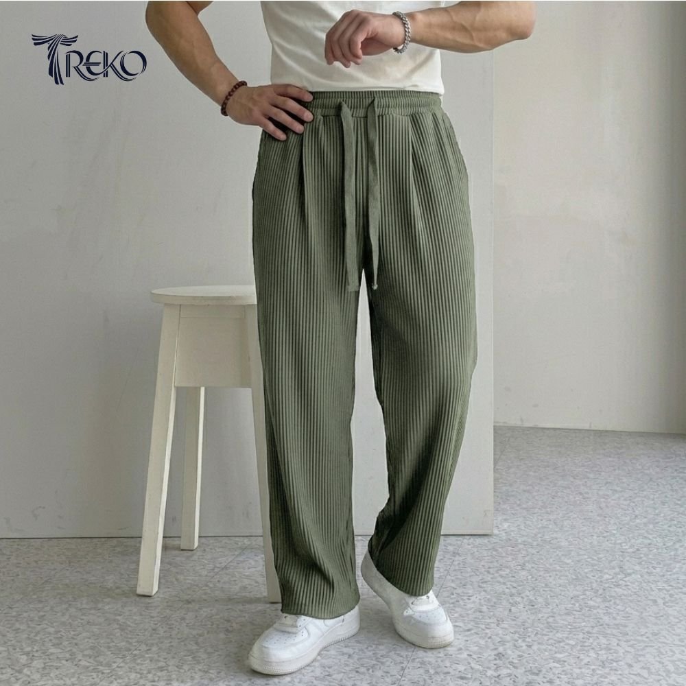 BAGGY CORD RIB KNIT KOREAN TROUSERS OLIVE - Image 2