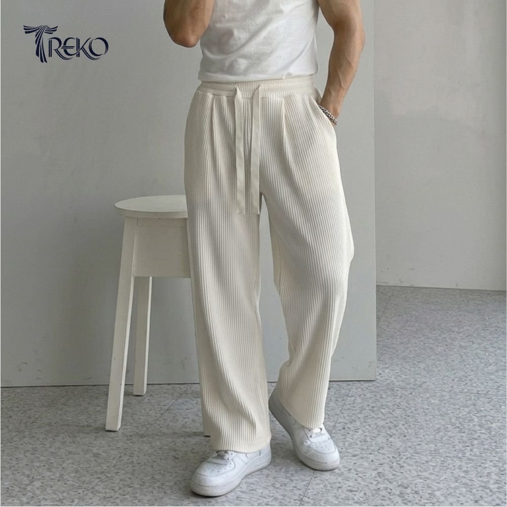 BAGGY CORD RIB KNIT KOREAN TROUSERS OFF-WHITE - Image 2