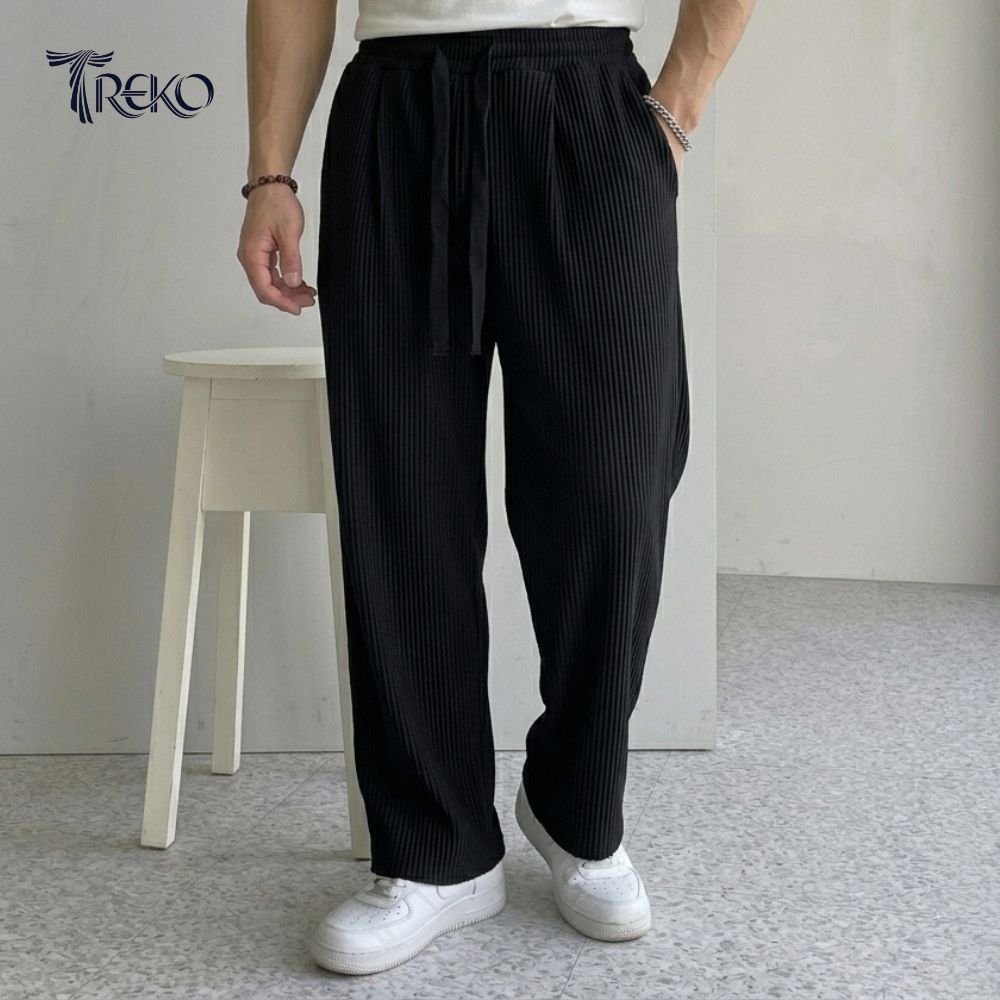 BAGGY CORD RIB KNIT KOREAN TROUSERS BLACK - Image 2