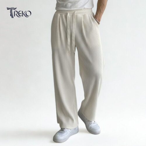 BAGGY CORD RIB KNIT KOREAN TROUSERS OFF-WHITE