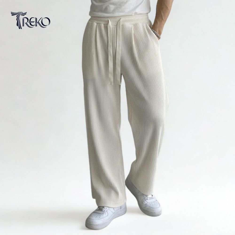 BAGGY CORD RIB KNIT KOREAN TROUSERS OFF-WHITE