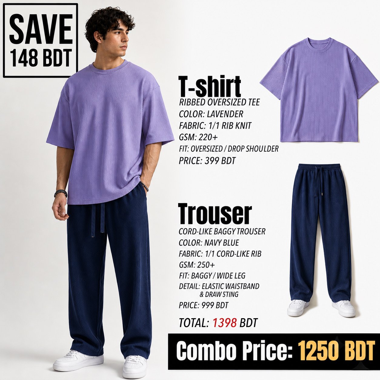 RIB SET - LAVENDER & NAVY BLUE