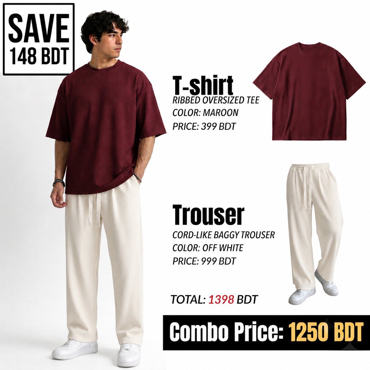 RIB SET - MAROON & OFF WHITE